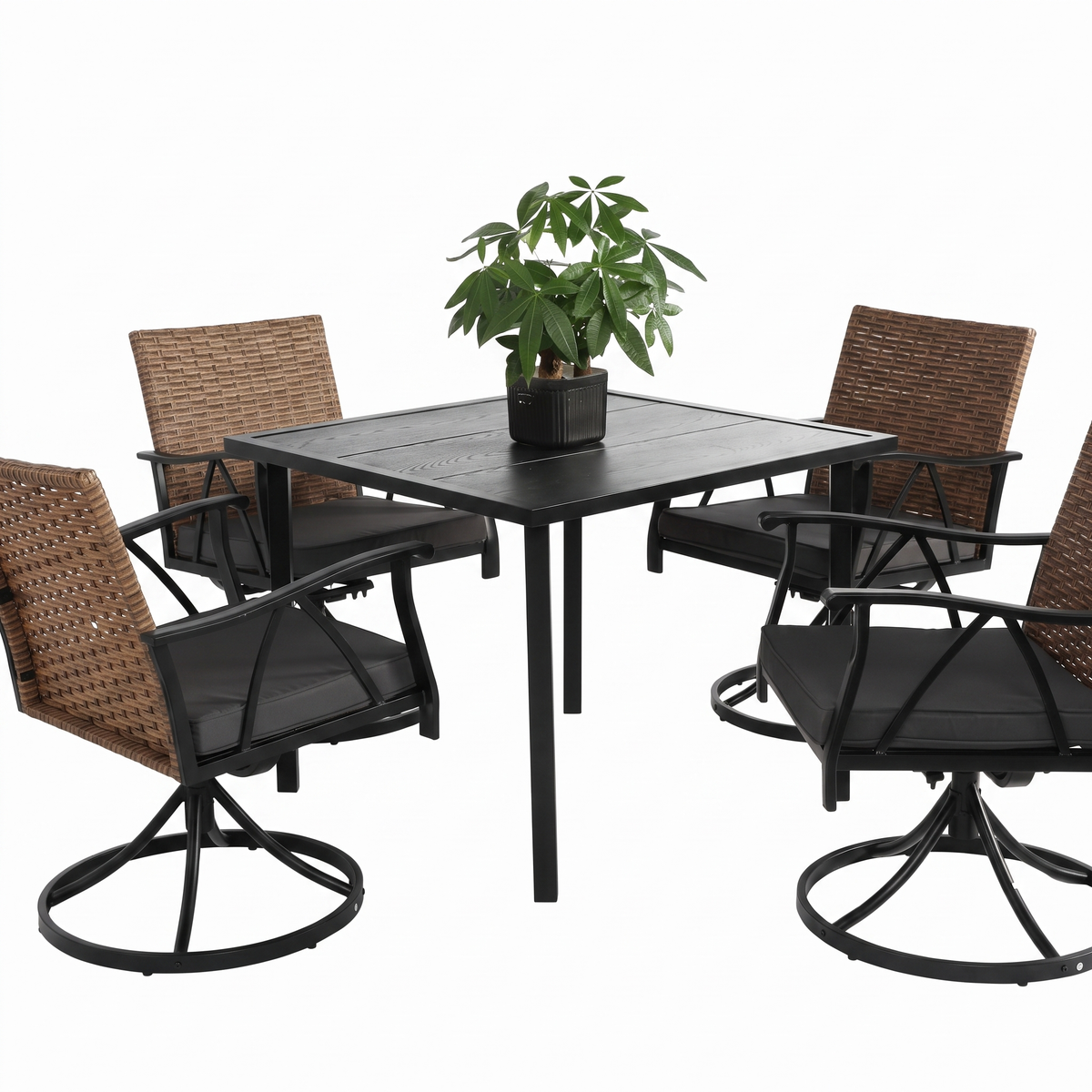 5-Piece Patio Dining Set with Swivel Rocker Chairs - Outdoor Wicker Furniture for 4, Brown Gray