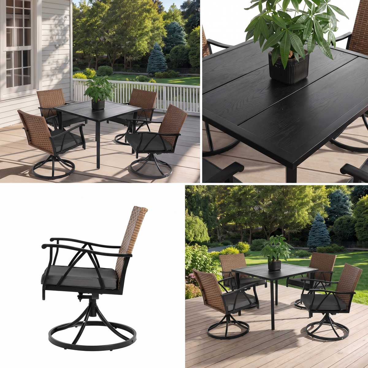 5-Piece Patio Dining Set with Swivel Rocker Chairs - Outdoor Wicker Furniture for 4, Brown Gray