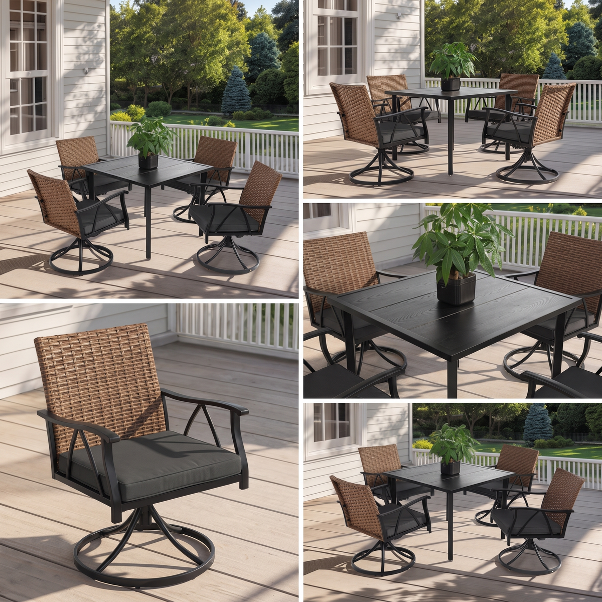 5-Piece Patio Dining Set with Swivel Rocker Chairs - Outdoor Wicker Furniture for 4, Brown Gray