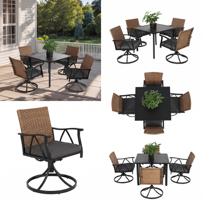 5-Piece Patio Dining Set with Swivel Rocker Chairs - Outdoor Wicker Furniture for 4, Brown Gray