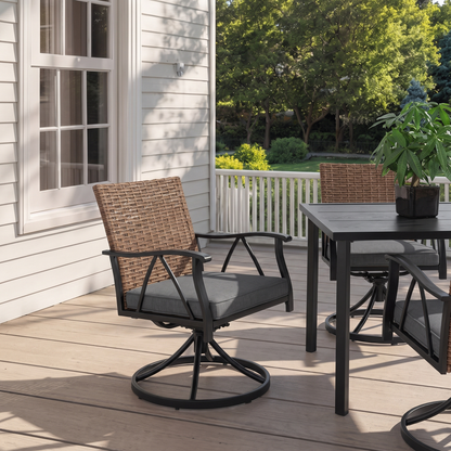 5-Piece Patio Dining Set with Swivel Rocker Chairs - Outdoor Wicker Furniture for 4, Brown Gray