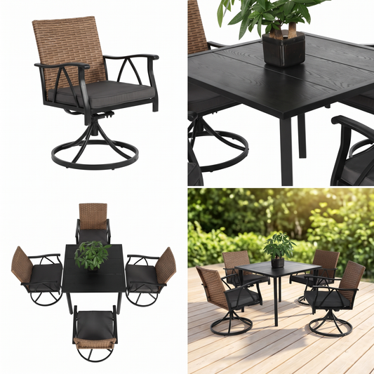 5-Piece Patio Dining Set with Swivel Rocker Chairs - Outdoor Wicker Furniture for 4, Brown Gray