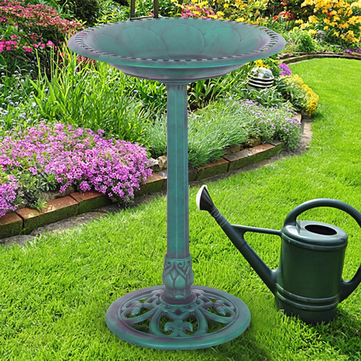 Green Pedestal Bird Bath - Weather-Resistant Resin, 28" Tall Garden Decor