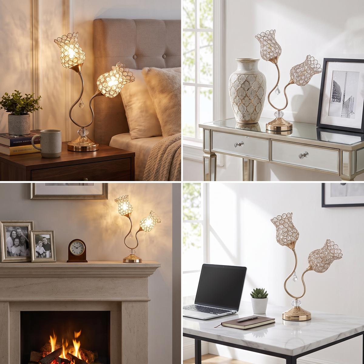 Rose Gold Floral Glam Table Lamp - Wire Cage & Acrylic Bead Shade | 18.75" H