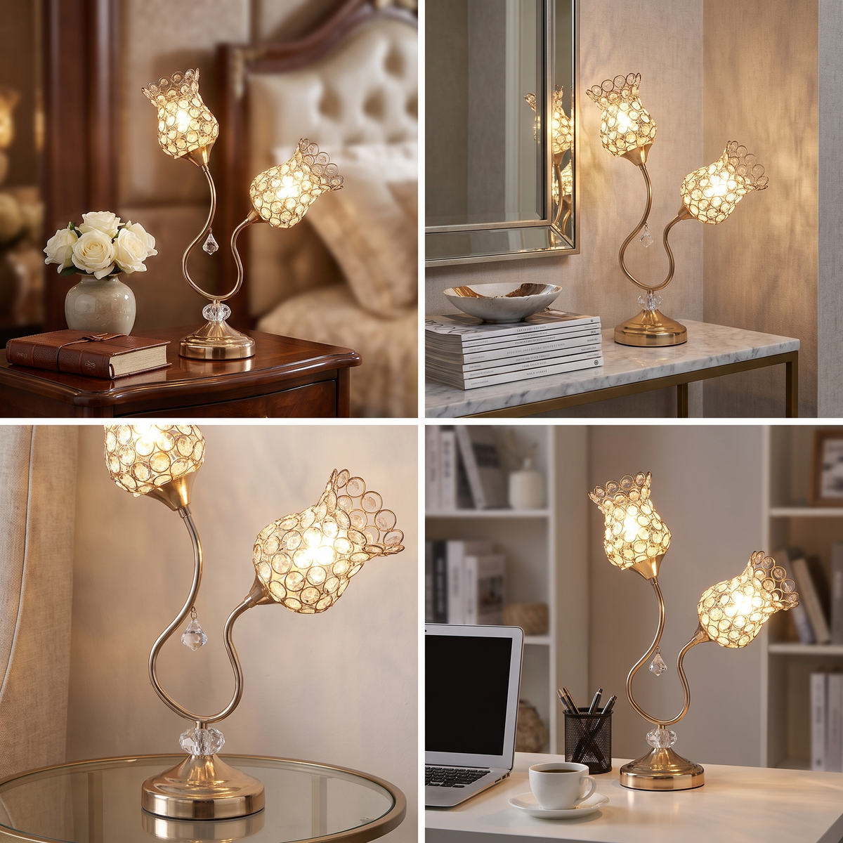 Rose Gold Floral Glam Table Lamp - Wire Cage & Acrylic Bead Shade | 18.75" H