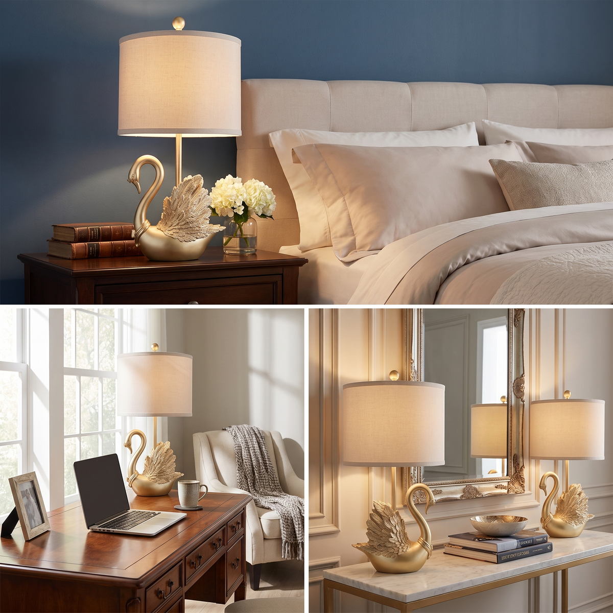Golden Brass Swan Table Lamps Set of 2 with LED Bulbs - Luxury Bedside Nightstand Lamps