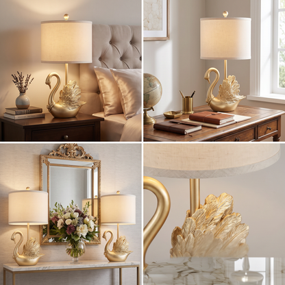 Golden Brass Swan Table Lamps Set of 2 with LED Bulbs - Luxury Bedside Nightstand Lamps