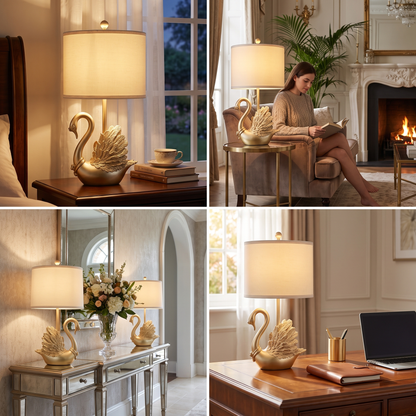 Golden Brass Swan Table Lamps Set of 2 with LED Bulbs - Luxury Bedside Nightstand Lamps