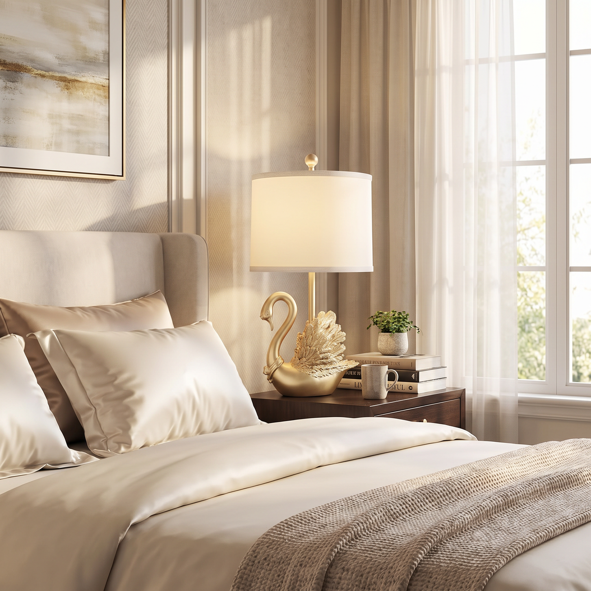 Golden Brass Swan Table Lamps Set of 2 with LED Bulbs - Luxury Bedside Nightstand Lamps