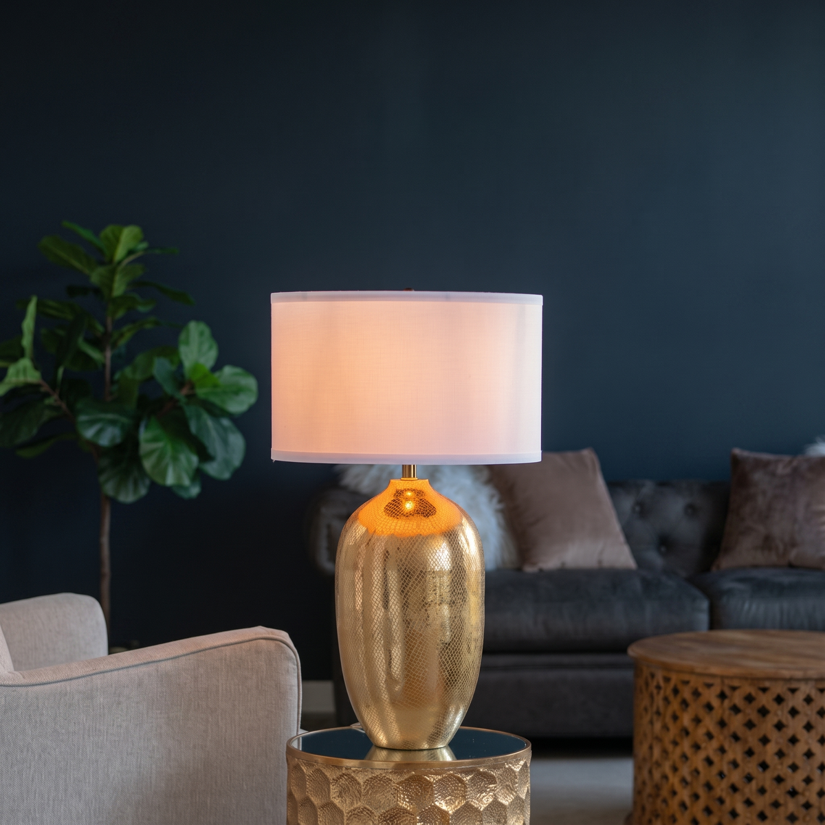 Gold Aluminum Table Lamp with White Fabric Shade - 18x31 inch Modern Bedside Lamp