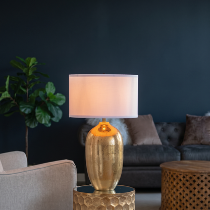 Gold Aluminum Table Lamp with White Fabric Shade - 18x31 inch Modern Bedside Lamp