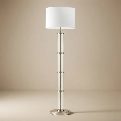 Nimbus Brushed Nickel Floor Lamp - 3-Way Rotary Switch, Clear Glass Body & Fabric Drum Shade