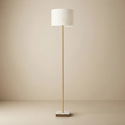 Viora Minimalist Floor Lamp - 56-Inch, Marble & Rubber Wood Base, Imitation Leather Shade, E26, Foot Switch