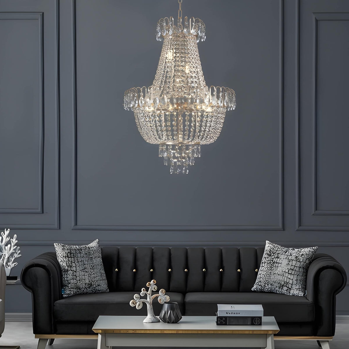 Large Gold Crystal Chandelier - K9 Crystal, Modern Luxury, 10x E12, Adjustable Height, Bulbs Not Included