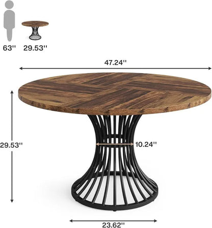 Round Dining Table for 4-6, 46.85" Industrial Kitchen Table with Wood Grain Top and Metal Base, Rustic Brown