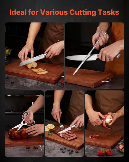 15-Piece Kitchen Knife Set with Wooden Block - German 5CR15MOV Steel, Sharpening Rod & Scissors