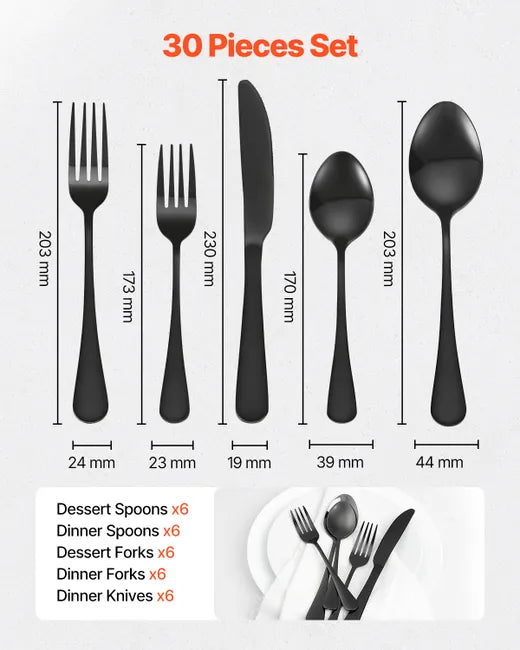 30-Piece Silverware Set for 6 - 18/0 Stainless Steel, Dishwasher Safe, Black