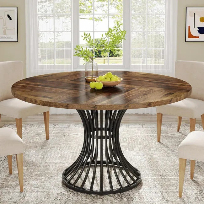 Round Dining Table for 4-6, 46.85" Industrial Kitchen Table with Wood Grain Top and Metal Base, Rustic Brown