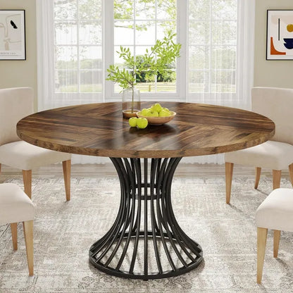 Round Dining Table for 4-6, 46.85" Industrial Kitchen Table with Wood Grain Top and Metal Base, Rustic Brown