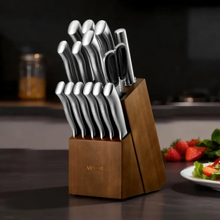 15-Piece Kitchen Knife Set with Wooden Block - German 5CR15MOV Steel, Sharpening Rod & Scissors