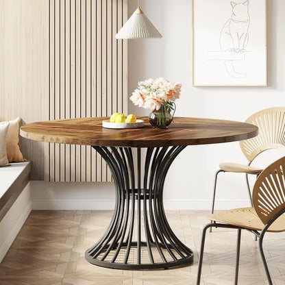 Round Dining Table for 4-6, 46.85" Industrial Kitchen Table with Wood Grain Top and Metal Base, Rustic Brown