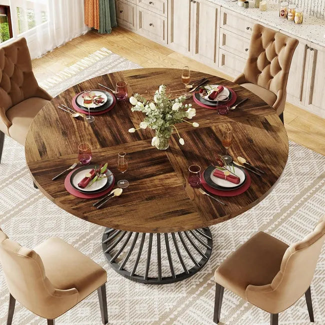 Round Dining Table for 4-6, 46.85" Industrial Kitchen Table with Wood Grain Top and Metal Base, Rustic Brown