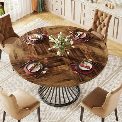 Round Dining Table for 4-6, 46.85" Industrial Kitchen Table with Wood Grain Top and Metal Base, Rustic Brown