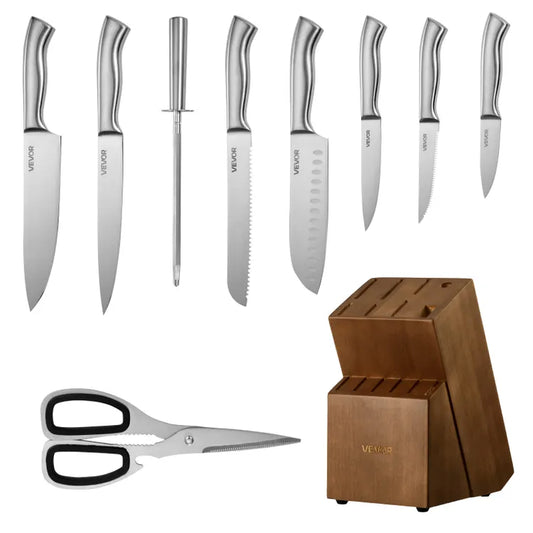 15-Piece Kitchen Knife Set with Wooden Block - German 5CR15MOV Steel, Sharpening Rod & Scissors