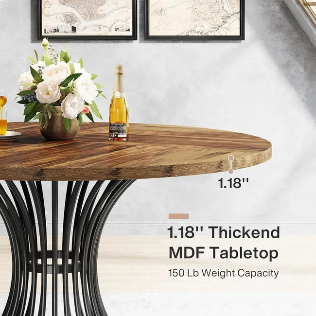 Round Dining Table for 4-6, 46.85" Industrial Kitchen Table with Wood Grain Top and Metal Base, Rustic Brown