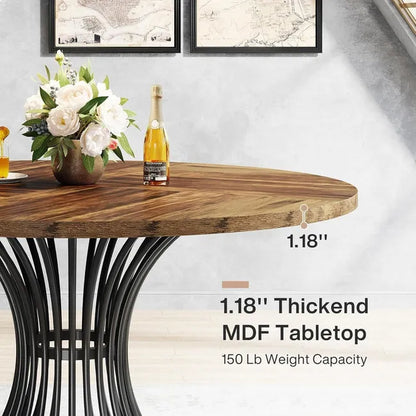 Round Dining Table for 4-6, 46.85" Industrial Kitchen Table with Wood Grain Top and Metal Base, Rustic Brown