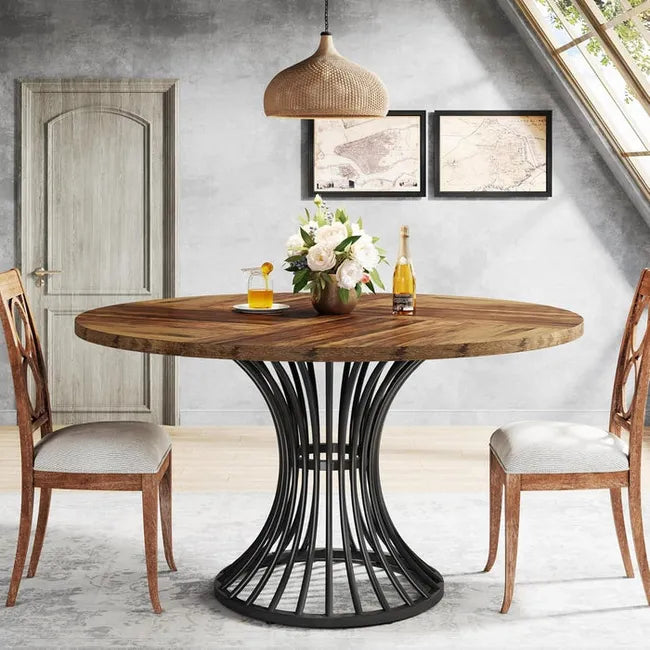 Round Dining Table for 4-6, 46.85" Industrial Kitchen Table with Wood Grain Top and Metal Base, Rustic Brown