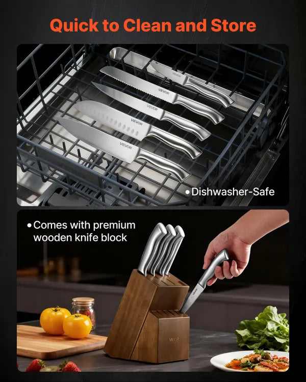 15-Piece Kitchen Knife Set with Wooden Block - German 5CR15MOV Steel, Sharpening Rod & Scissors