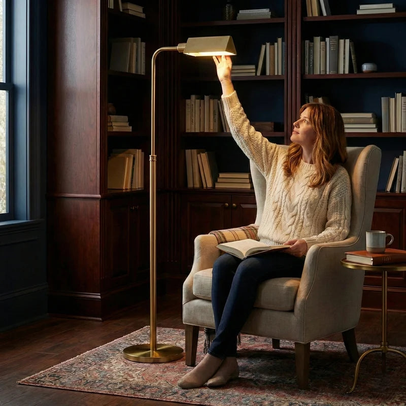 Verve Brassed Gold LED Floor Lamp - 63-Inch, Solid Brass, Adjustable Round Base, 6W, 3000K, No Bulb Needed