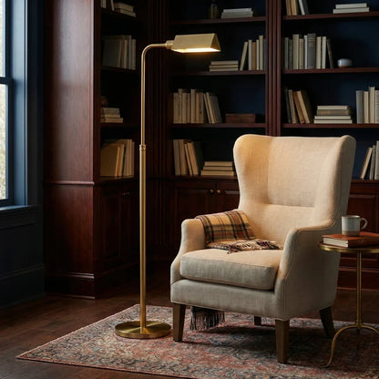 Verve Brassed Gold LED Floor Lamp - 63-Inch, Solid Brass, Adjustable Round Base, 6W, 3000K, No Bulb Needed