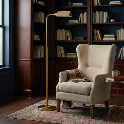 Verve Brassed Gold LED Floor Lamp - 63-Inch, Solid Brass, Adjustable Round Base, 6W, 3000K, No Bulb Needed