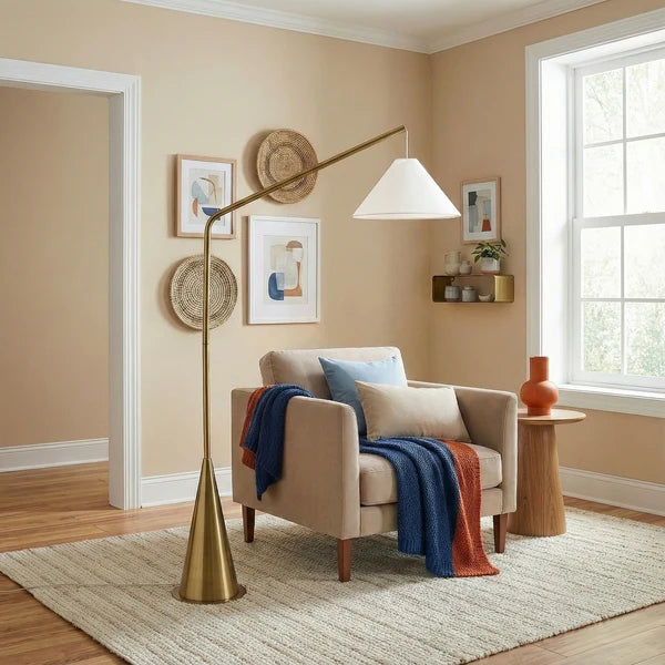 Lisbon Floor Lamp - Antique Brass Base & White Fabric Shade
