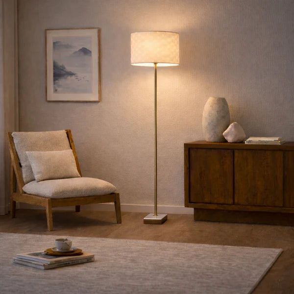 Viora Minimalist Floor Lamp - 56-Inch, Marble & Rubber Wood Base, Imitation Leather Shade, E26, Foot Switch