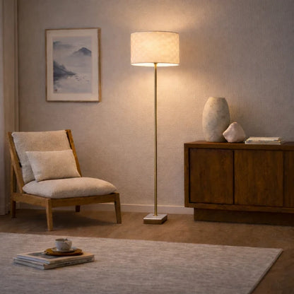 Viora Minimalist Floor Lamp - 56-Inch, Marble & Rubber Wood Base, Imitation Leather Shade, E26, Foot Switch