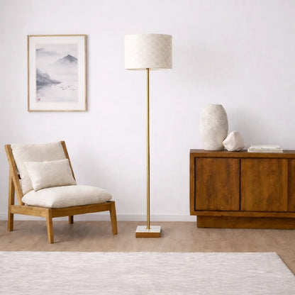 Viora Minimalist Floor Lamp - 56-Inch, Marble & Rubber Wood Base, Imitation Leather Shade, E26, Foot Switch