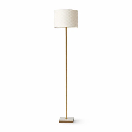 Viora Minimalist Floor Lamp - 56-Inch, Marble & Rubber Wood Base, Imitation Leather Shade, E26, Foot Switch