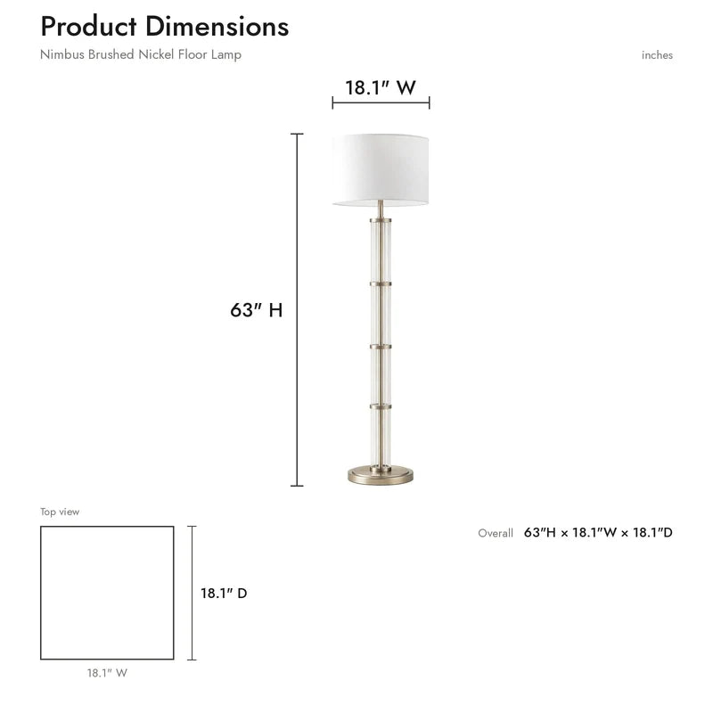 Nimbus Brushed Nickel Floor Lamp - 3-Way Rotary Switch, Clear Glass Body & Fabric Drum Shade