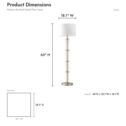 Nimbus Brushed Nickel Floor Lamp - 3-Way Rotary Switch, Clear Glass Body & Fabric Drum Shade