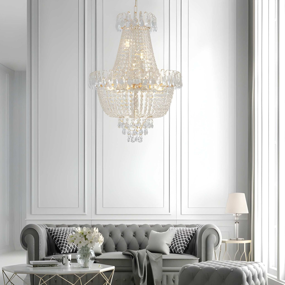 Large Gold Crystal Chandelier - K9 Crystal, Modern Luxury, 10x E12, Adjustable Height, Bulbs Not Included