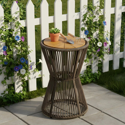 Outdoor Side Table - Dark Grey Rope & Acacia Wood | Hourglass Design, Weather Resistant