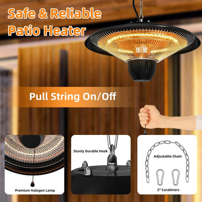 1500W Outdoor Hanging Patio Heater - Ultra-Quiet, IP23 Waterproof, Halogen, 322 sq.ft Coverage