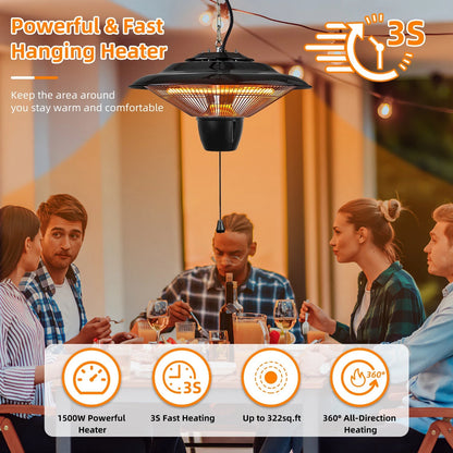 1500W Outdoor Hanging Patio Heater - Ultra-Quiet, IP23 Waterproof, Halogen, 322 sq.ft Coverage