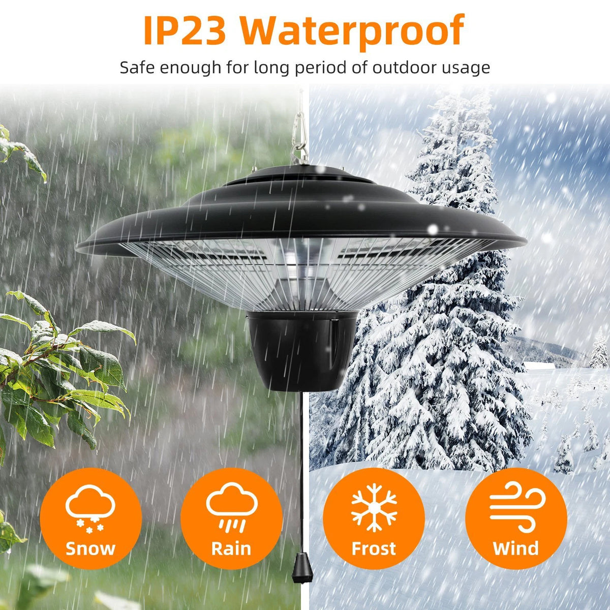 1500W Outdoor Hanging Patio Heater - Ultra-Quiet, IP23 Waterproof, Halogen, 322 sq.ft Coverage