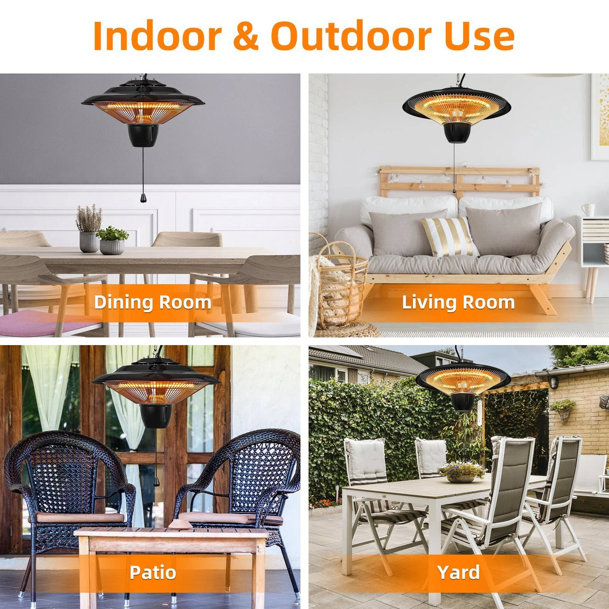 1500W Outdoor Hanging Patio Heater - Ultra-Quiet, IP23 Waterproof, Halogen, 322 sq.ft Coverage