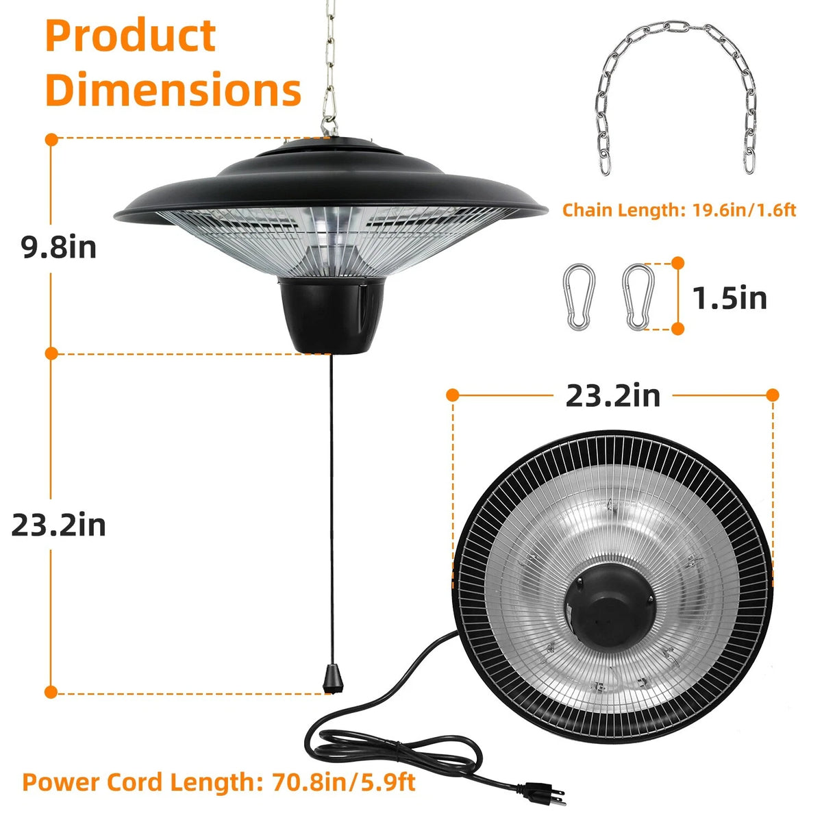 1500W Outdoor Hanging Patio Heater - Ultra-Quiet, IP23 Waterproof, Halogen, 322 sq.ft Coverage