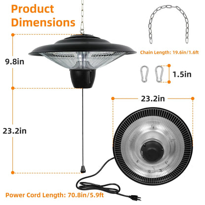 1500W Outdoor Hanging Patio Heater - Ultra-Quiet, IP23 Waterproof, Halogen, 322 sq.ft Coverage